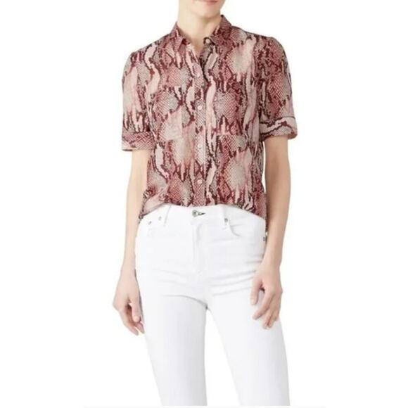 CURRENT/ELLIOTT Womens Short Sleeve Shirt 1 / S Pink Snake Reptile Bermuda Silk - Picture 1 of 14